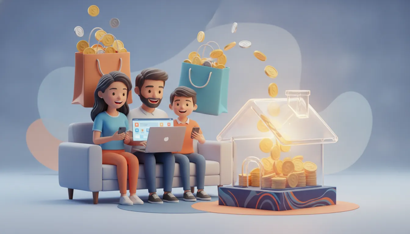 Família comprando e o cashback virando aporte