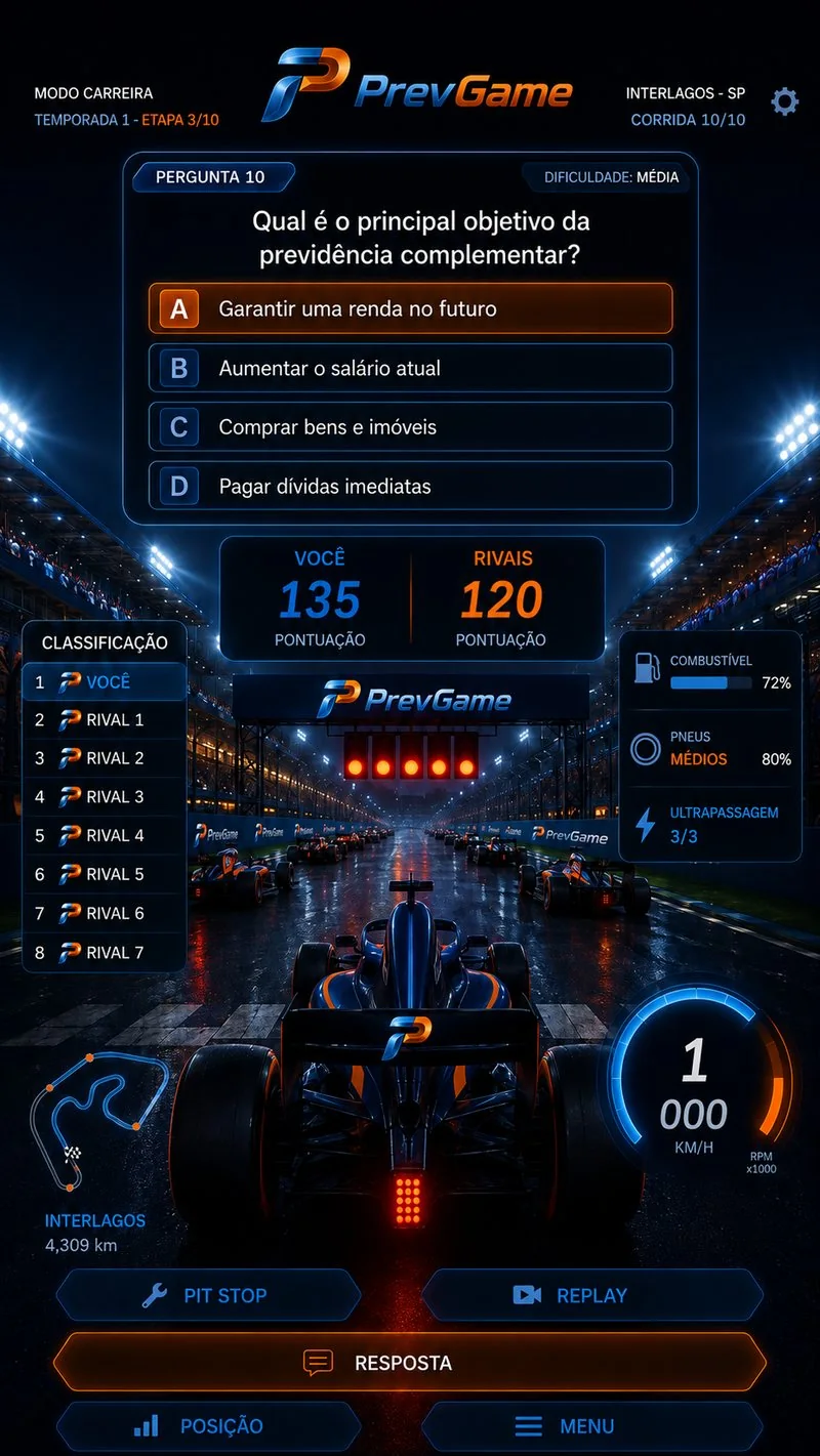 PrevGame Racing: pergunta sobre previdência sobre uma corrida de Fórmula 1